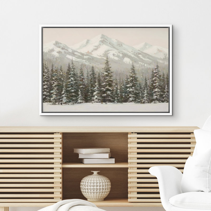 «Snowy Mountain Range and Pine Forest Winter Scene», reproduction d'art sur toile encadrée dans la chambre principale, Blanc