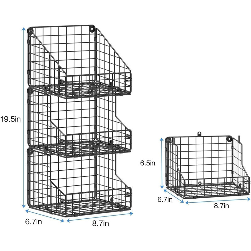 3‑Tier Stackable Pantry Snack Organizer Wire Basket, Wall Mount & Countertop Snack Storage Holder with Removable S‑Hooks, Metal Food Storage Bins for Snacks, Beverages, Tea Bags, Condiments for Kitchen Cabinet Bathroom