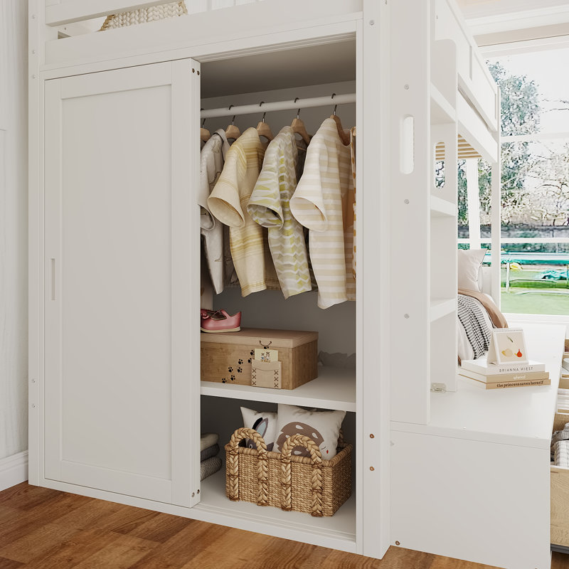 Lit superposé moderne Etan avec structure en bois massif et garde-robe intégrée, Beige