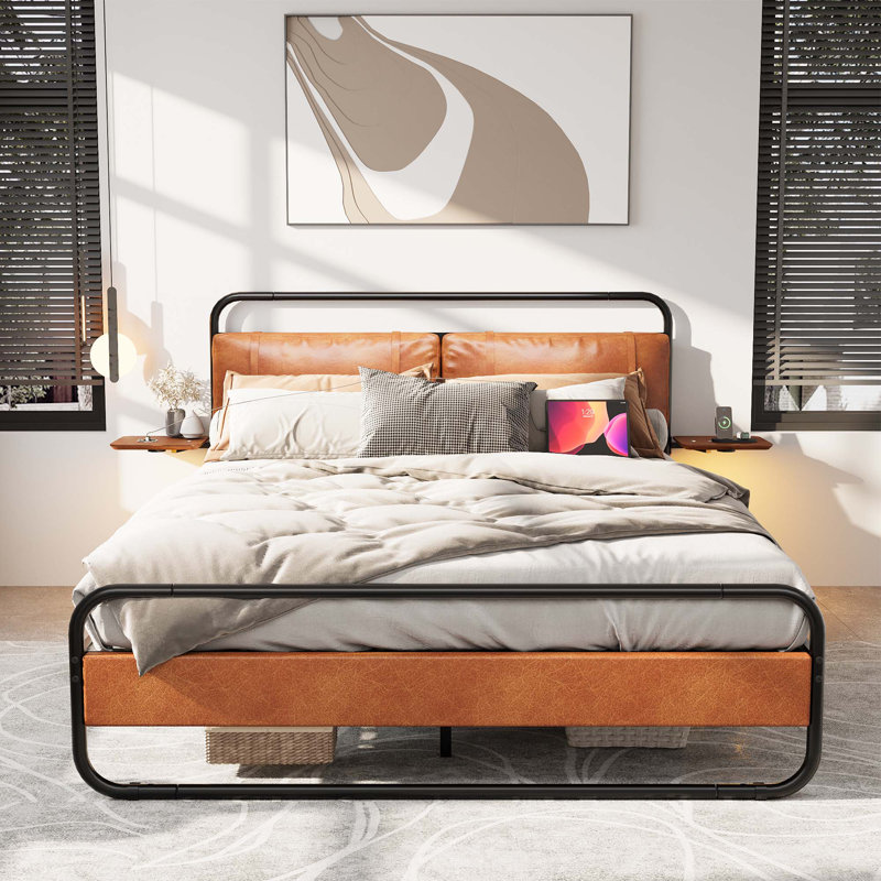 Metal Platform Bed with wireless charging and USB A & USB C, Touch LED light