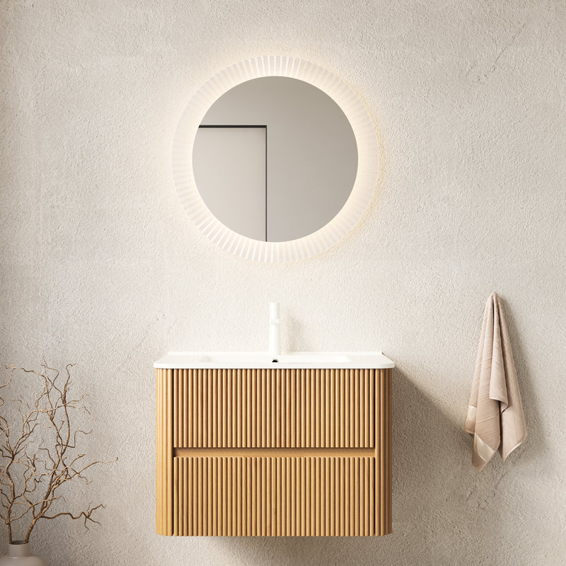 Meuble-lavabo de 30 po avec lavabo, lavabo en céramique blanche, armoire de contreplaqué flottante murale, 2 tiroirs, naturel, installation et utilisation faciles, surface de rangement de style moderne, amortissement en douceur,