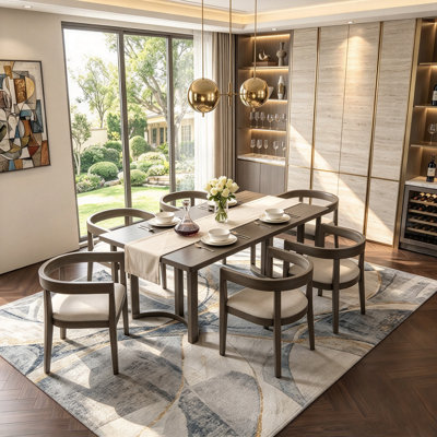 7-Piece Modern Farmhouse Dining Table Set for 6, Thickened Edge Table with Double Pedestal Base & 6 Ergonomic Curved Barrel-Back Upholstered Chairs, Heavy-Duty Rubber Wood Kitchen Set
