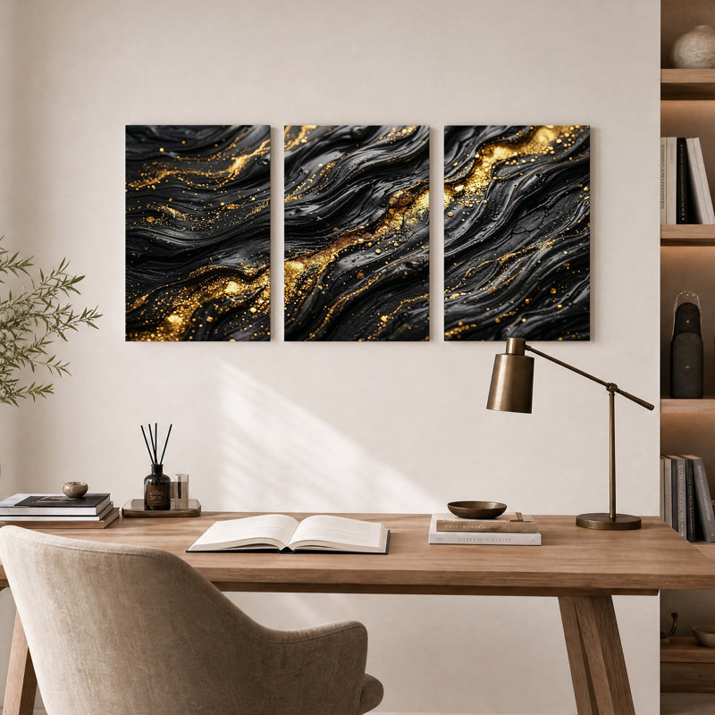 Ensemble de 3 toiles murales abstraites à texture fluide noire et or, 18"H x 12"W x 3pcs