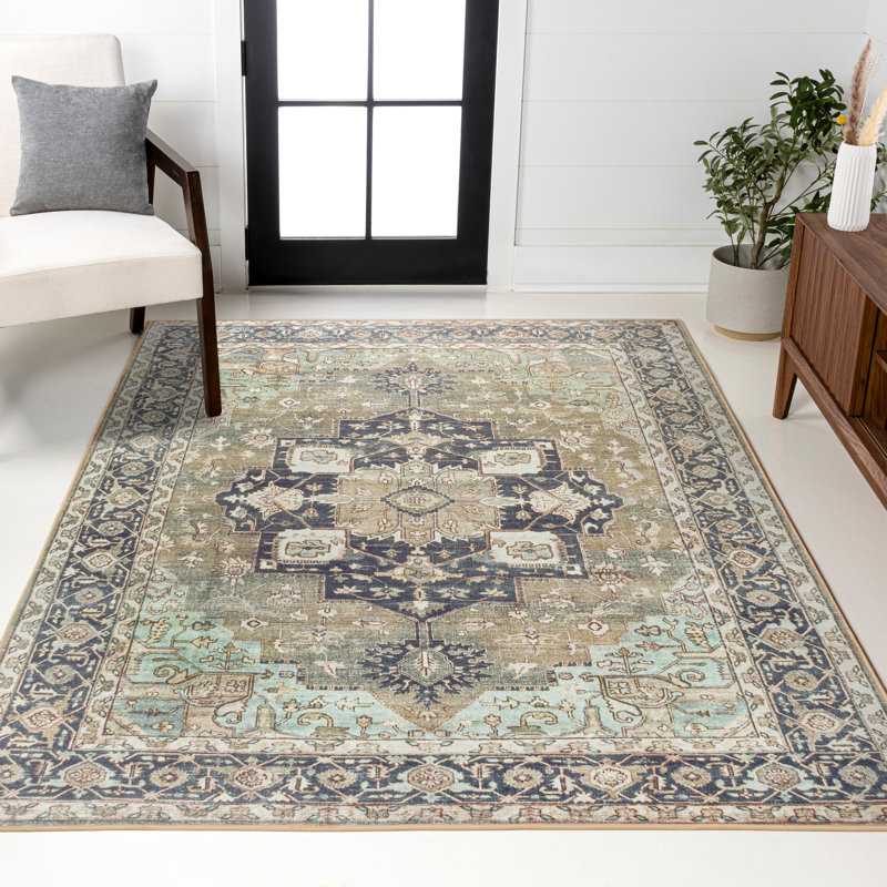 Maris Ornate Medallion Machine-Washable Green/Tan/Blue Rug, Runner 2' x 8'