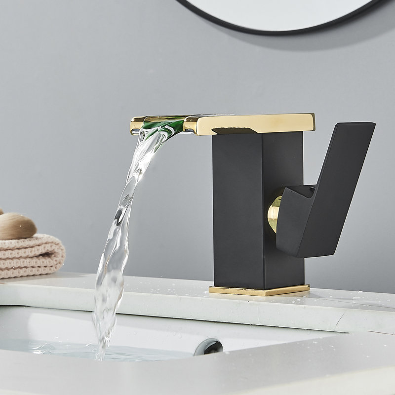 Robinet de lavabo de salle de bain bicolore noir et doré à DEL deux tons, bec cascade Mosson avec flux lumineux