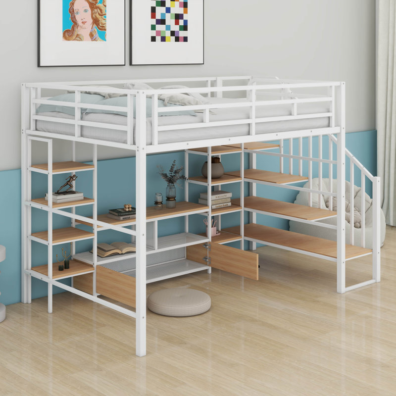 Lit mezzanine double avec escalier, structure de lit mezzanine en métal avec table de rangement basse et tablettes, Blanc