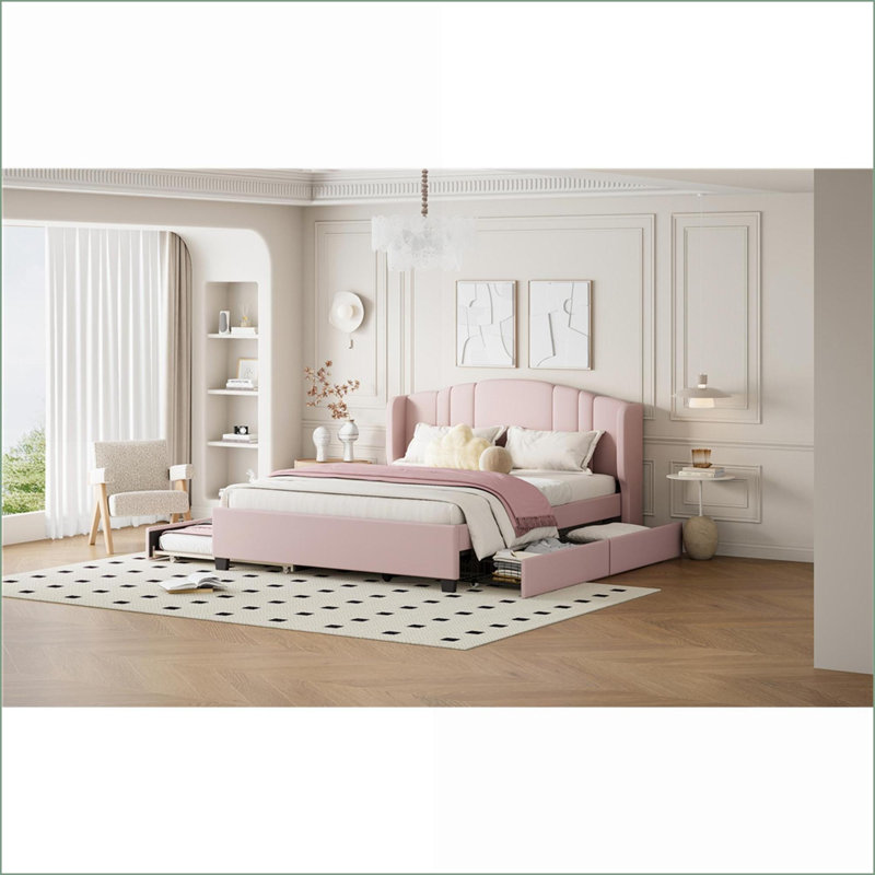 Grand lit plateforme tapissier en lin avec lit gigogne 2 tiroirs - aucun sommier requis, rose