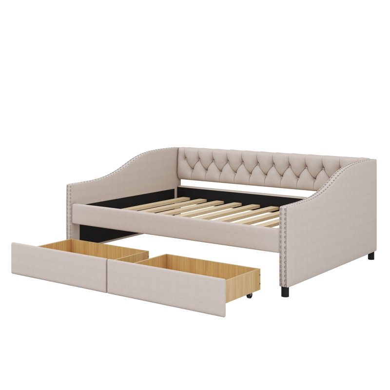 Lit de jour rembourré pleine grandeur avec deux tiroirs intégrés, Beige