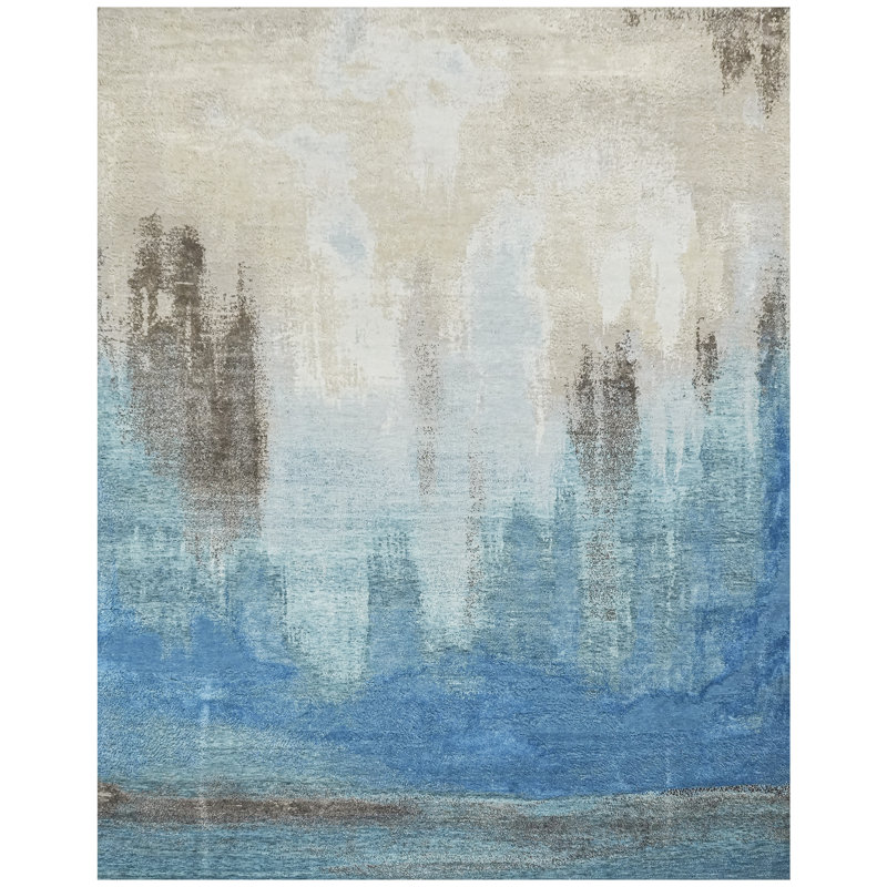 Tapis abstrait noué à la main en beige / bleu, Rectangle 8 pi x 10 pi