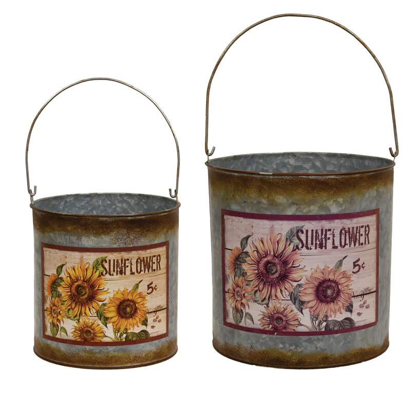 2/Set, Distressed Galvanized Sunflower Buckets