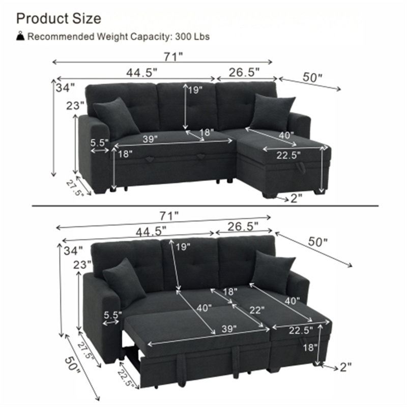 Canapé-lit modulaire en L gris foncé convertible en L avec lit escamotable et méridienne réversible, Gris foncé