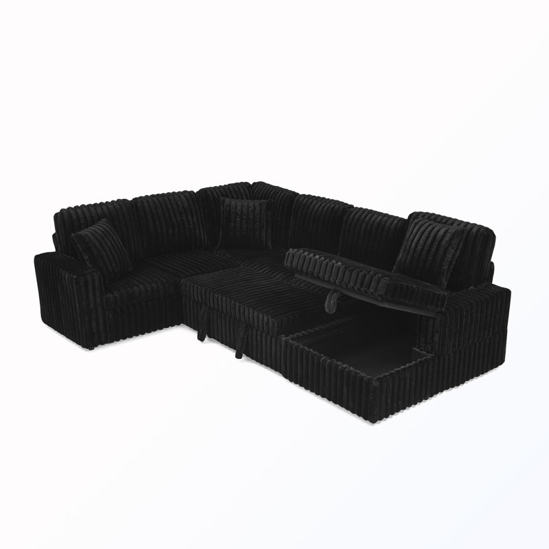 U-Shaped Striped Upholstered Sofa With Storage, Black Corduroy