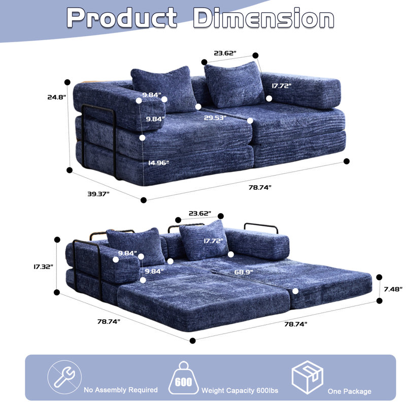 Lit convertible convertible bleu foncé à 2 places, lit de compression sans cadre avec structure de forme fixe, tissu chenille pour les salles de jeux, lit, bureau modulaire sans assemblage requis