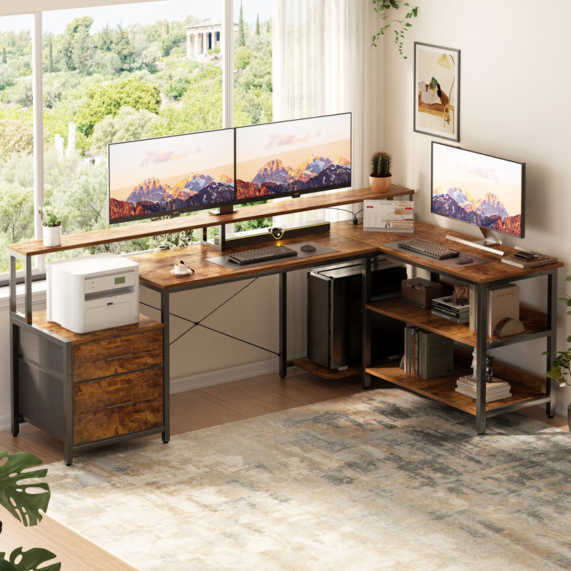 Bureau d'écriture en L Kaedence, bureau de jeu à DEL, bureau avec prises de courant, Brun / noir, H 30 po x l 72 po x P 11 po