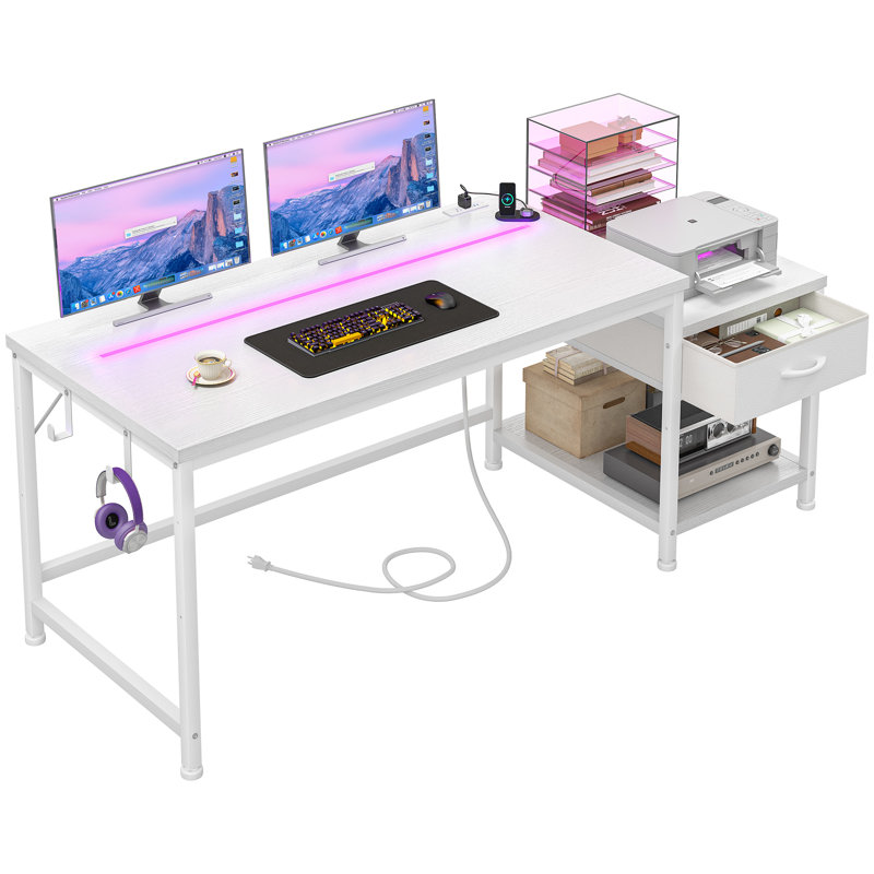 Petit bureau d'ordinateur de 48 po avec tablette pour imprimante et tablettes de rangement, bureau de jeu avec lumières DEL et prise de courant, bureau d'angle réversible avec crochet pour casque d'écoute pour bureau à domicile