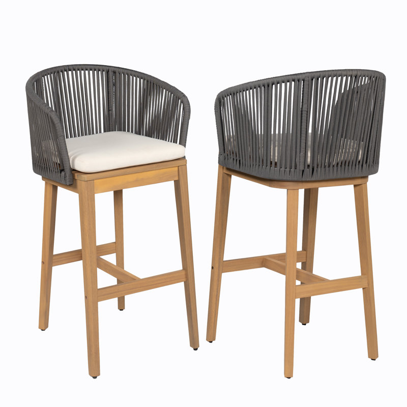 Bronson Outdoor 30.5" Seat Height Acacia Wood Bar Stools With Rope Backs & Cushions, Gray/Teak