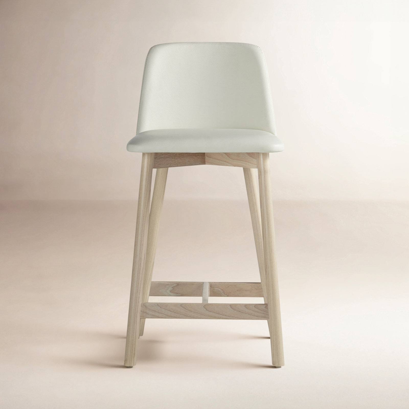 Chip Stool, Bar Stool (31" Seat Height), White Genuine Leather, Whitewashed Ash