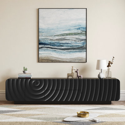 70'' Mid-Century TV Console with Spiral Wave Design – Walnut TV Stand with Storage Cabinet & 2 Drawers for Living Room or Bedroom, Floating Base, Rounded Corners