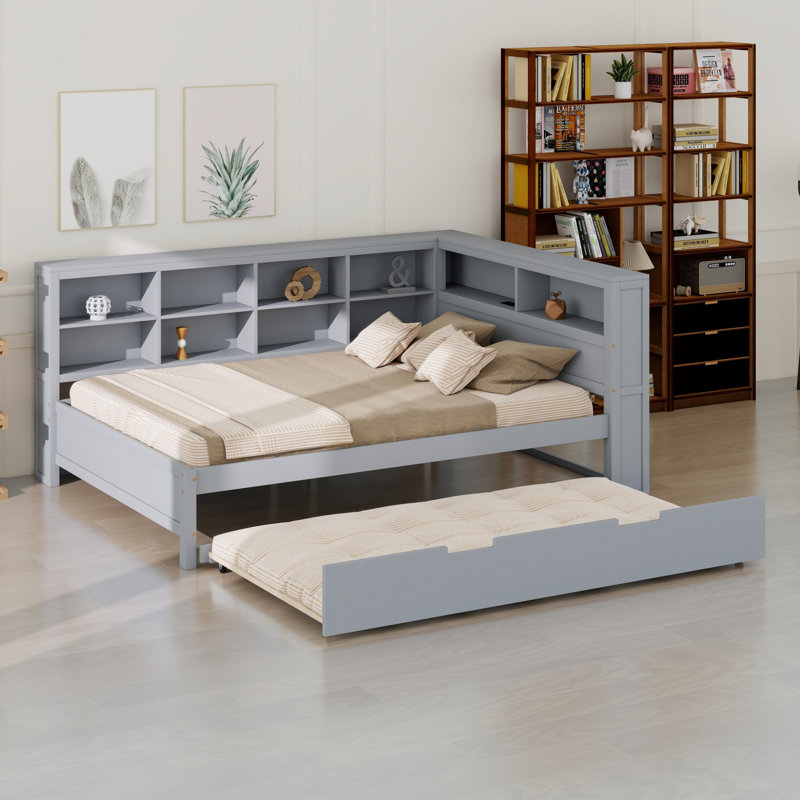 Daybed Including Trundle, Storage Shelf and USB Ports, Multi-Functional Design for Apartments, Grey