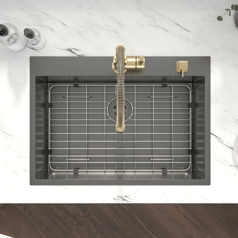 Évier de cuisine encastré noir en acier inoxydable 28 po x l 28 po x 28 po avec support de séchage, grille d'évier et crépine