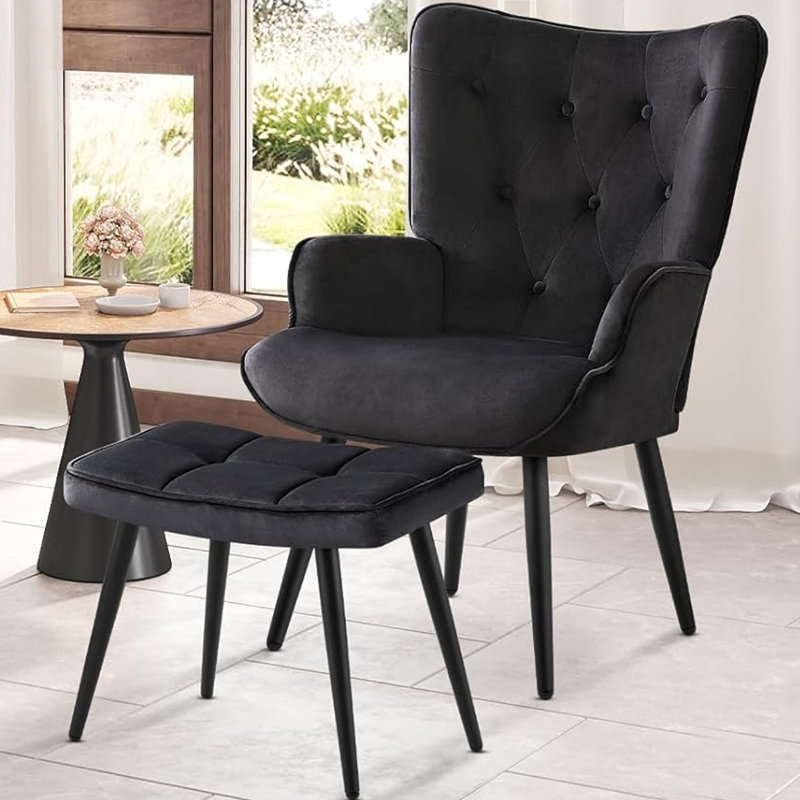 Fauteuil à oreilles et repose-pieds capitonnés, Noir