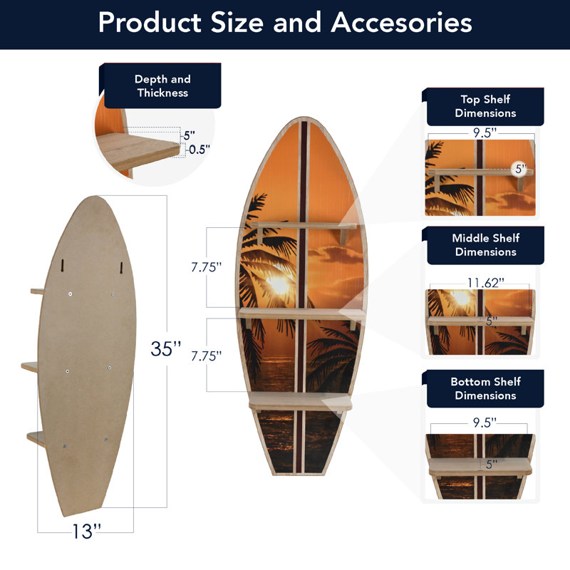Hawaiian Sunset Surfboard Wall Shelf - Tropical Wall Decor
