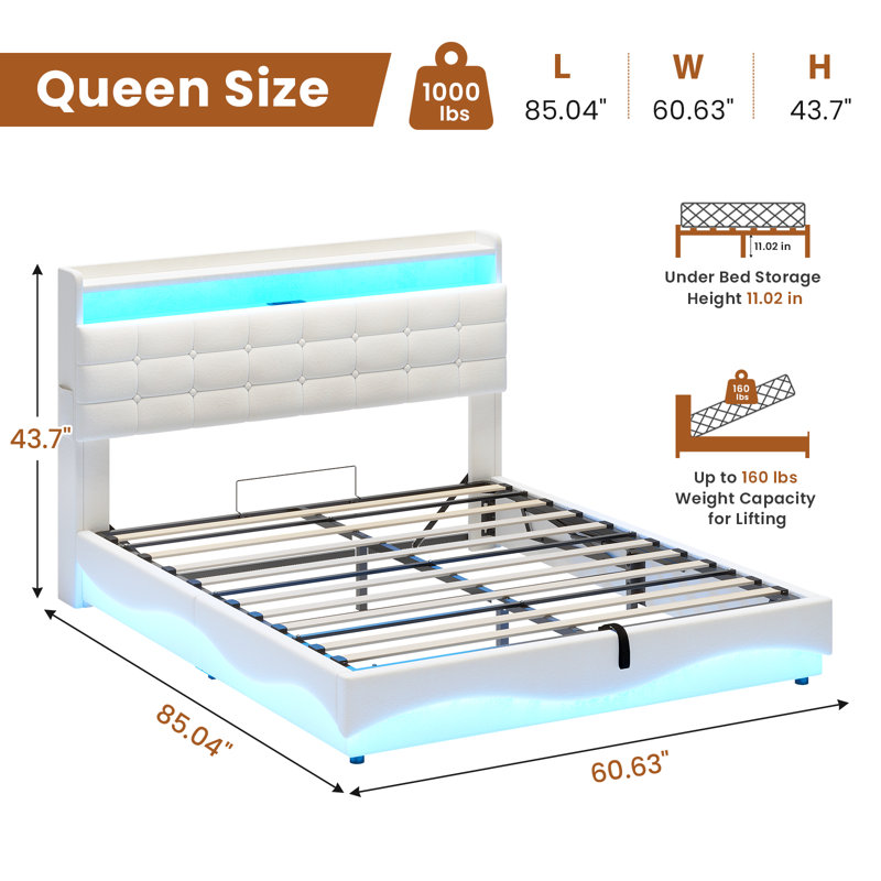 Base de lit avec rangement relevable avec station de charge et tête de lit cachée, lit plateforme tapissier avec rangement hydraulique