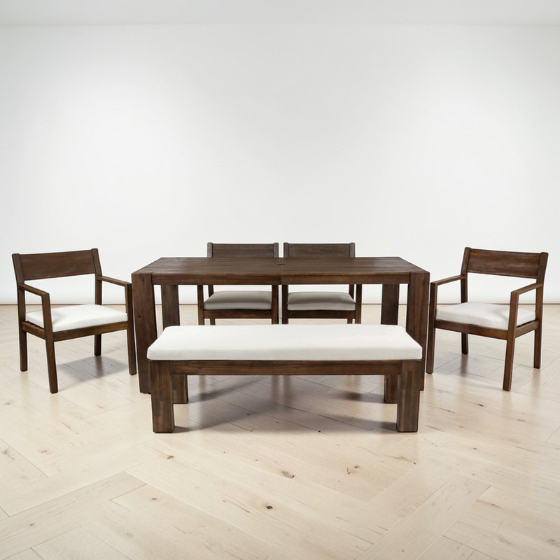 Ensemble de table de salle à manger 6 pièces avec banc, table de salle à manger longue avec trou pour parasol, bois massif, fauteuils rembourrés, style campagnard moderne, utilisation à l'extérieur