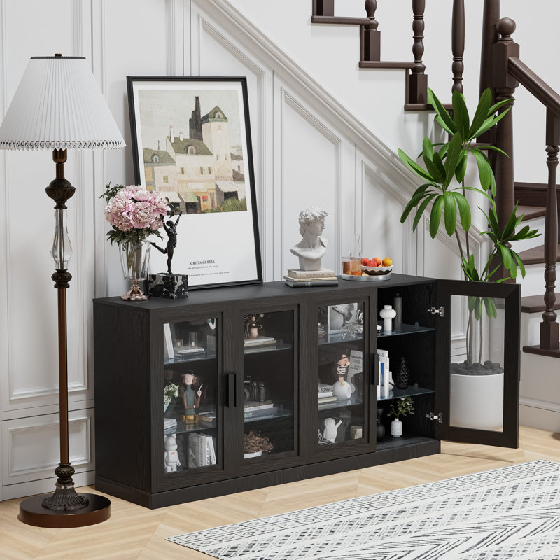 Buffet en bois 62 "x 31" x 16 "avec tablettes réglables et portes en verre, Noir