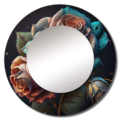 Pouyan Multicolor Hyperrealistic Roses - Rose Decorative Mirror, Blue Round Wall Mirror, Printed Metal Art