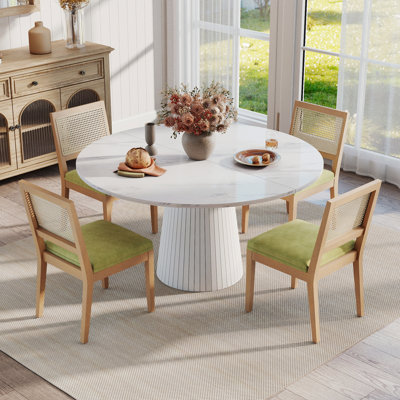 Ensemble de table de salle à manger ronde à piédestal avec 4 à 6 chaises à dossier en rotin, ensemble de table de salle à manger de style campagnard avec chaises rembourrées en chenille et pieds en bois massif pour 4 à 6