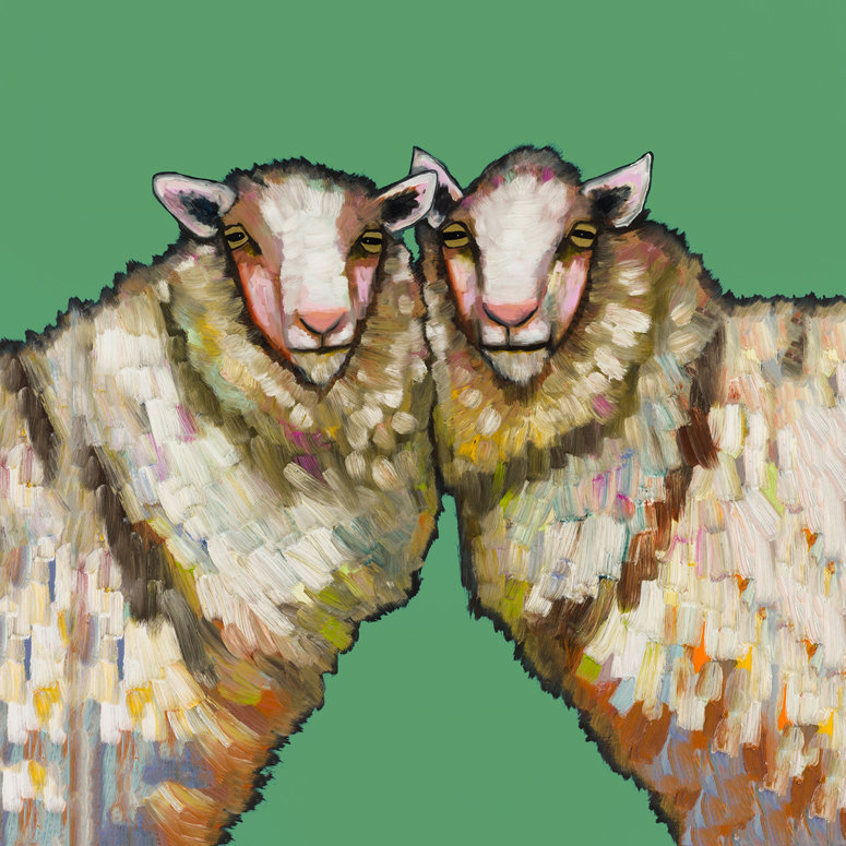 «Sheep Duo» par Eli Halpin, reproduction d'art sur toile en vert, H 12 po x l 12 po