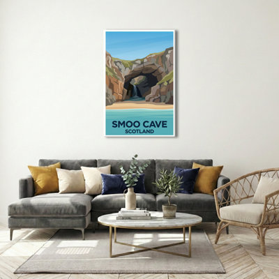 Smoo Cave, Scotland - Romantic Travel Poster of Sea Cave, Waterfall and North Coast. Giclee Print on Wrapped Canvas. Wall Art, Home Decor - Natural Landmarks, Scotland 1 Piece Wrapped Canvas Wall Art