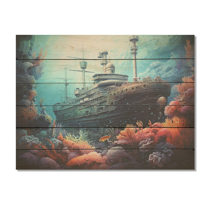 Titanic Under Water Memory I - Coastal Coral Under Water Wood, art mural sur bois de pin naturel, H 30 po x l 40 po