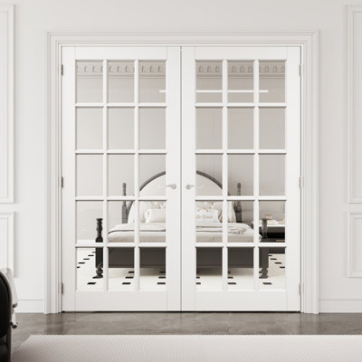 72" x 80" 15-Lite Clear Glass Interior French Door with Silver Hardware & Latch & Door Lever, Tempered Glass Door Slab with Safety, Paintable & Waterproof, Suit for Laundry, Closet Doors, Room Doors, Assembly Required