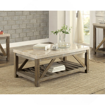 Table basse, table de cocktail industrielle à angle 1pc avec plateau inférieur et plateau en marbre blanc crème
