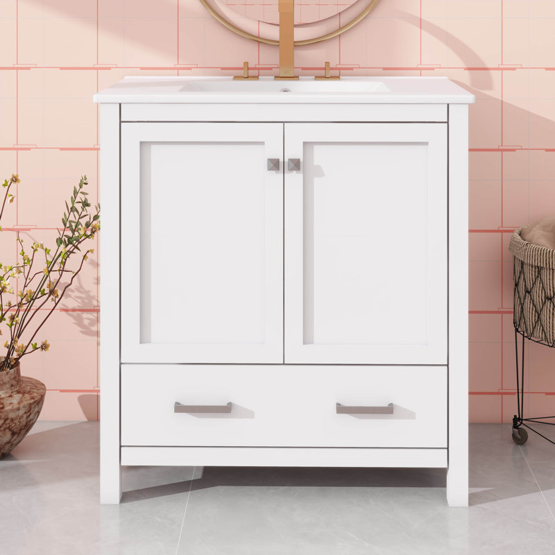 Ensemble de meuble-lavabo encastré 30 po avec 2 portes et 1 tiroir, 30", Ensemble central de 4 po, Blanc