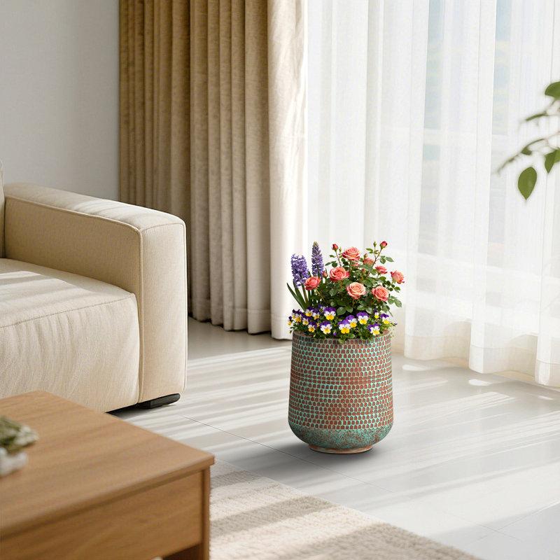 12 in. Medium Teal Patterns Concrete Tall Round Planter Pot with Drainage Holes for Indoor & Outdoor, Upgraded Interior, Teal