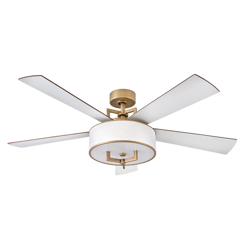 56" Hampton 5 - Blade LED Standard Ceiling Fan with Wall Control and Light Kit Included, Heritage Brass, Matte White