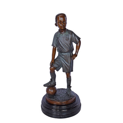 Soccer Boy Player In Action Bronze Statue On Marble - Size: 12"L X 12"W X 26"H.
