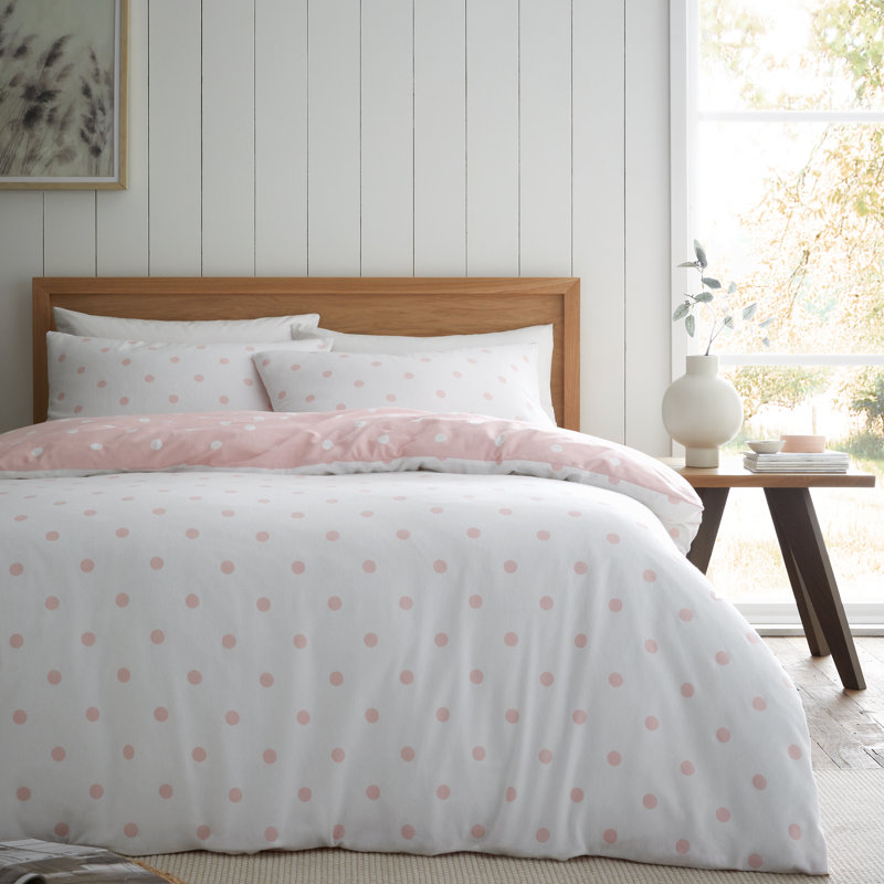 Brushed Polka Dot Cotton Reversible Duvet Cover Set, King Duvet Cover + 2 Standard Pillowcases, Pink