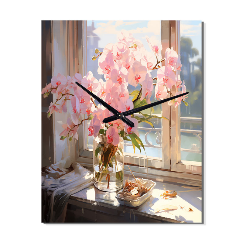 Fleurs d'orchidées impressionnistes dans un vase ensoleillé I - Fleurs très horloges murales, Petit