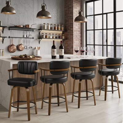 Tabouret de bar pivotant à 360 ° Zeinab avec accoudoirs en bois enveloppant, base en bois cintré à large portée et coussin épais de 4 po, supporte 350 lb (ensemble de 4)
