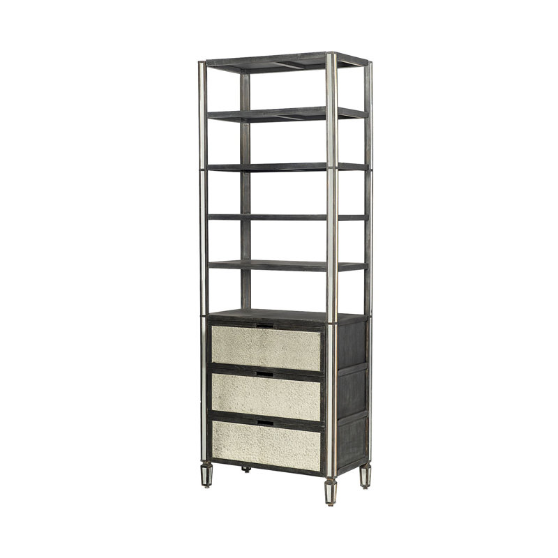Guice 32" Dark Brown Solid Wood and Mirrored Glass Four Tier Bookcase with Three Drawers