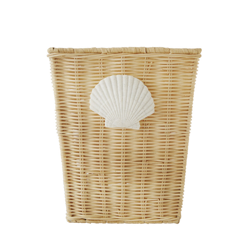 Coastal Woven Wicker Wastebasket with Seashell Accent