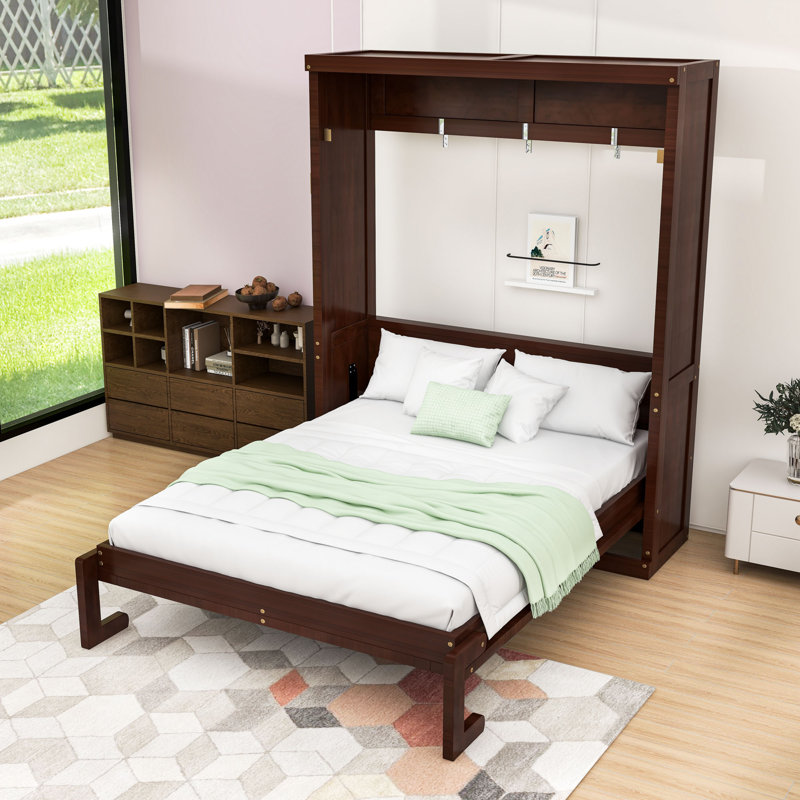 Lit escamotable en bois avec lattes robustes, conception pliable peu encombrante, Lit double, Espresso