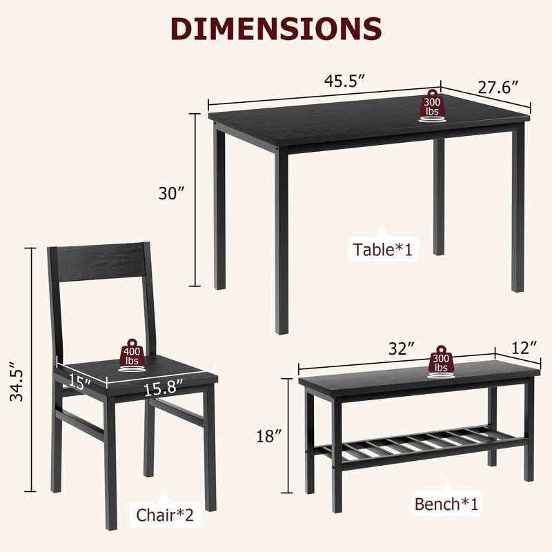 Dining Table Set For 4, Modern Kitchen Table With Chairs And Bench, Black