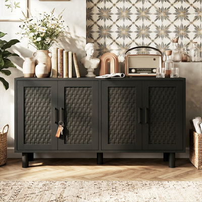 140cm 4-Door Faux Rattan Sideboard with Adjustable Shelves, Japandi PVC Woven Storage Cabinet with Metal Handles, Oak / Black