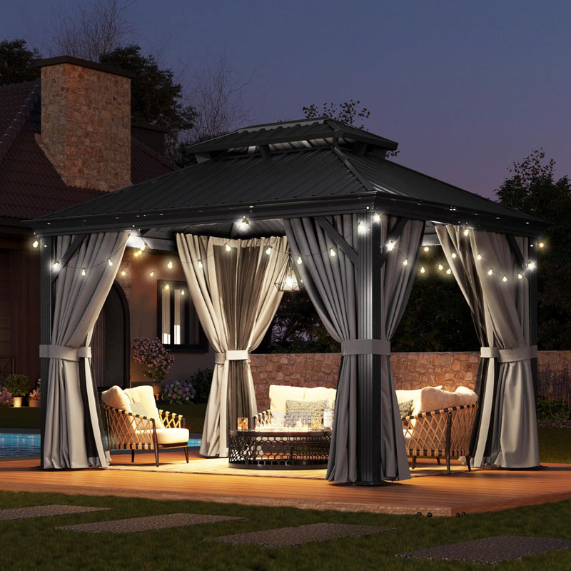 Pavillon de jardin à toit rigide 10 pi x 12 pi avec système de drainage, pavillon de jardin extérieur en aluminium avec double toit en acier galvanisé