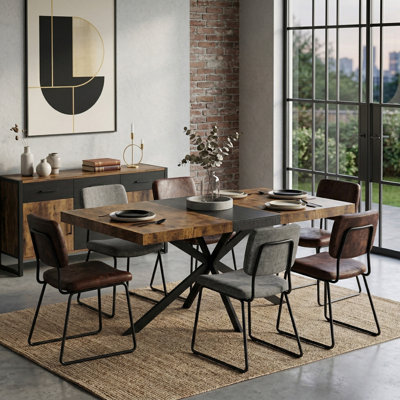 55.11" to 70.86" Extendable Rectangular Dining Table, Retro Wood Top with Black Iron Cross Base and Storage Box, Antique Finish
